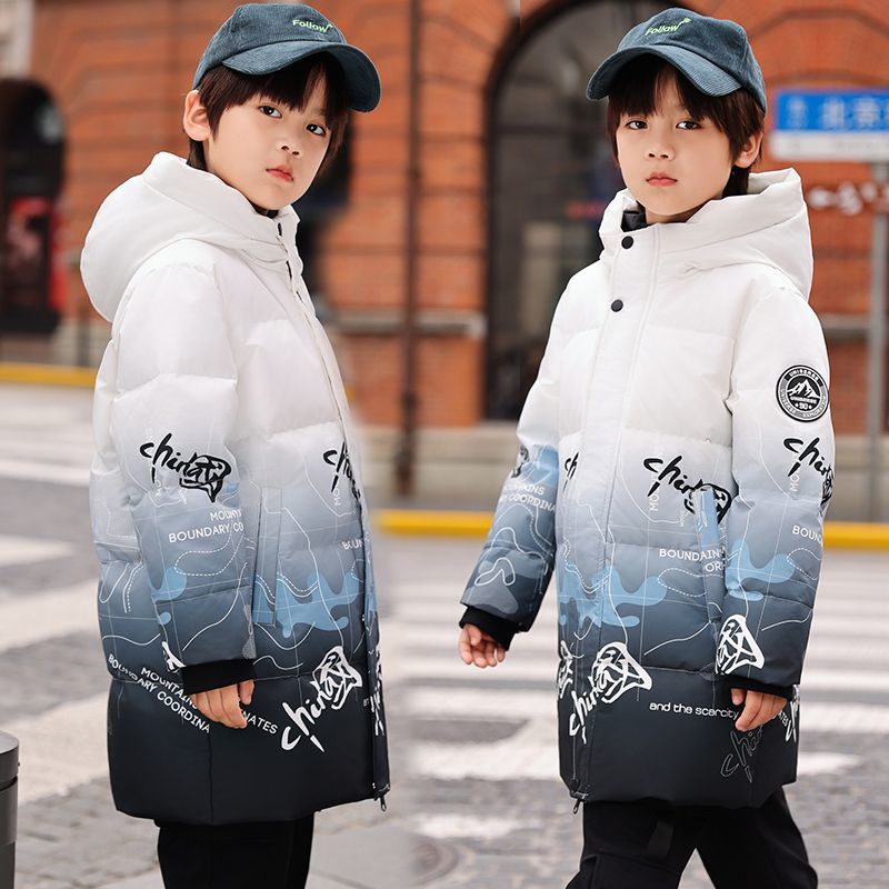 儿童羽绒服男童中长款2023新款中大童渐变冬季加厚白鸭绒迷彩外套