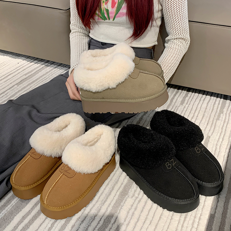 2023年冬新款磨砂皮毛一体雪地靴女一脚蹬加绒加厚塔茨特懒人鞋子