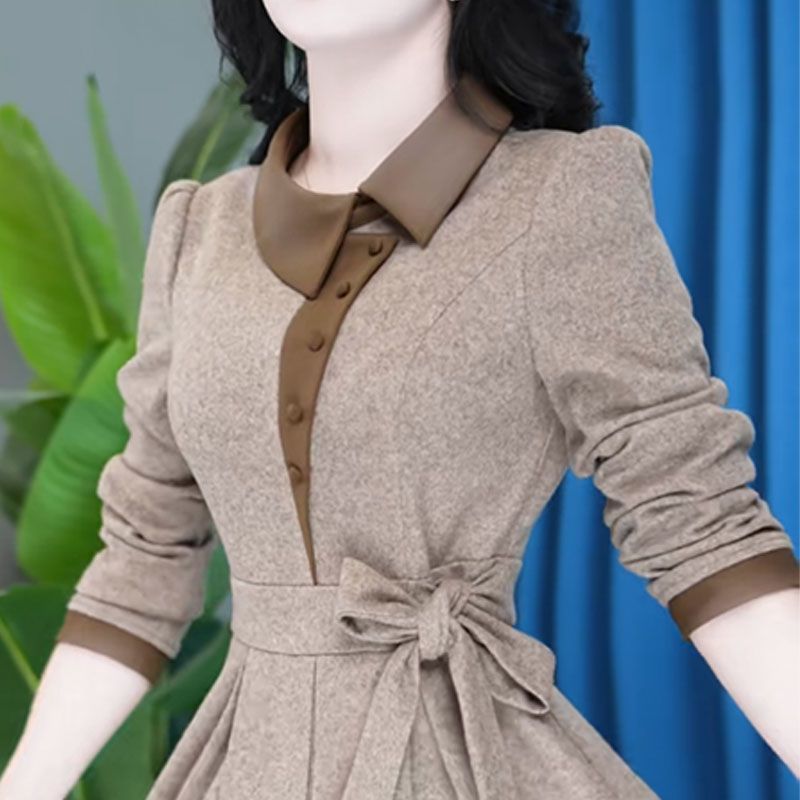 时尚系带长袖连衣裙女2025秋季新款气质设计感拼接中长款减龄裙子