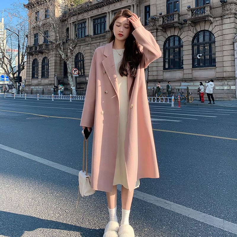 高级感粉色双面呢大衣女2023秋冬新款韩系宽松中长版毛呢外套