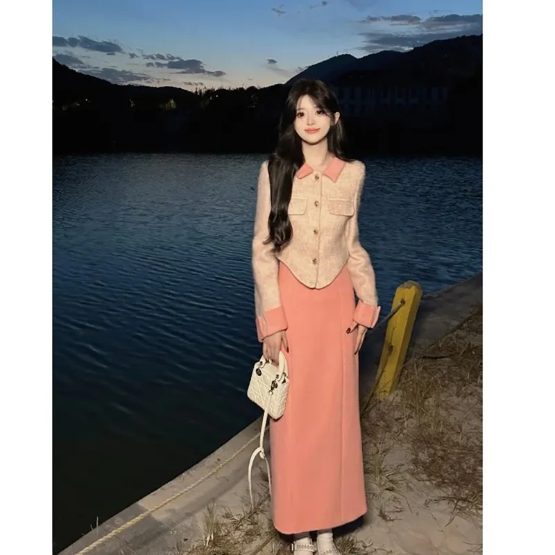 【温柔小香】设计款小香风毛呢夹棉外套半身裙两件套装女