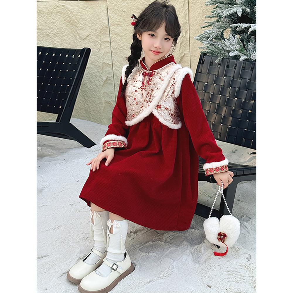 女童连衣裙秋冬款2024新款洋气儿童旗袍新年衣服女孩冬季汉服裙子