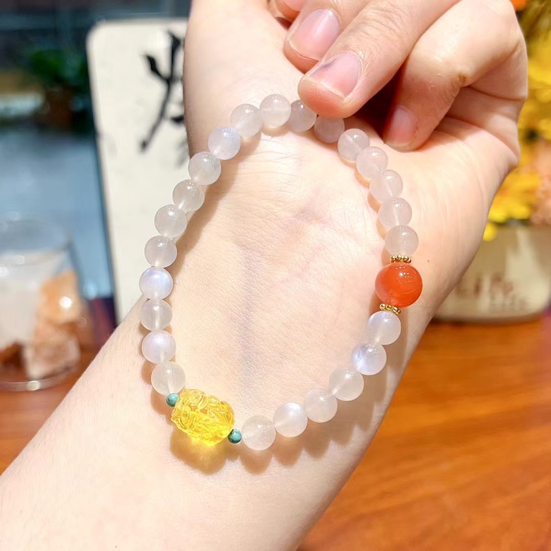 白月光石单圈手串配蜜蜡貔貅RY-96201