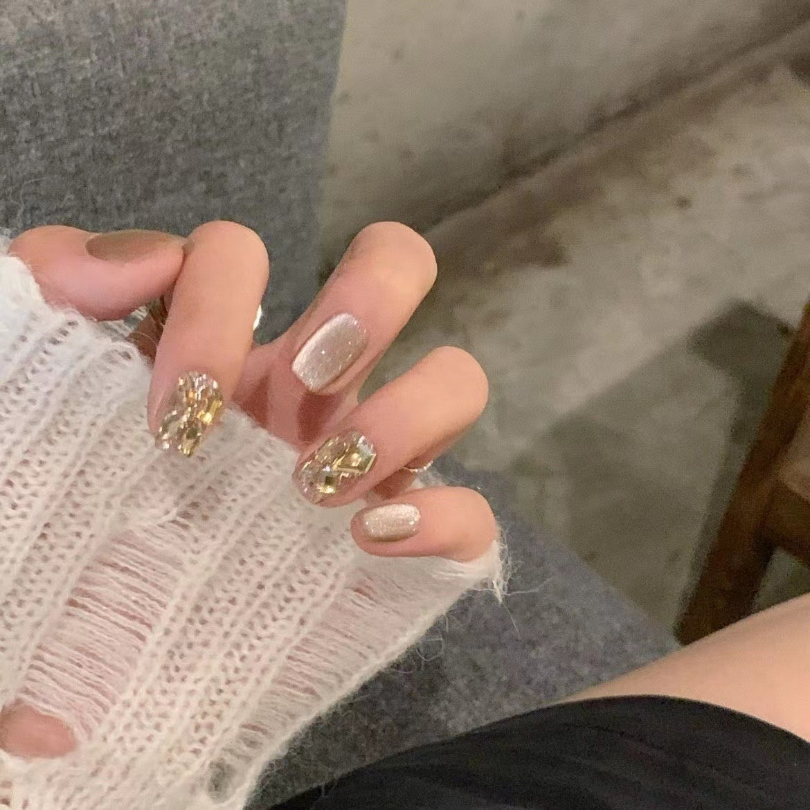 实拍穿戴甲手工美甲成品假指甲贴片摩卡追光猫眼爆闪香槟钻可拆卸