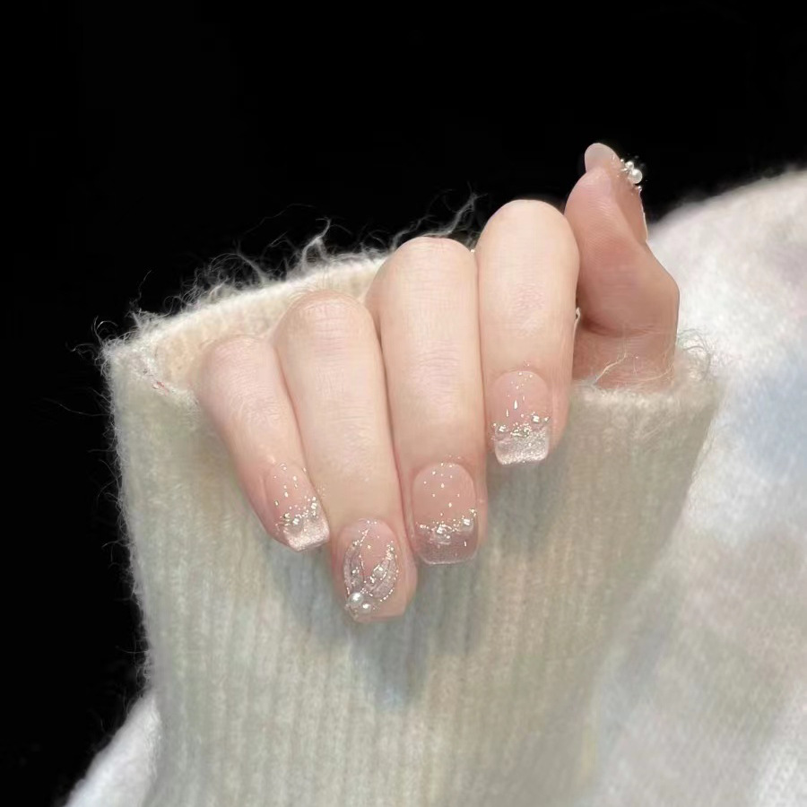 实拍纯手工穿戴甲片手作高级纯欲轻奢风裸色猫眼法式鱼尾可拆卸短