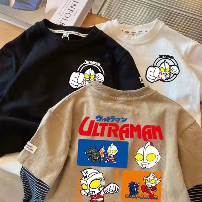 棉质儿童T恤长袖奥特曼衣服春秋款假两件打底衫男女宝宝秋装上衣t