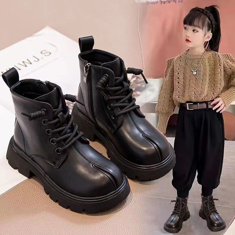 男童黑色马丁靴2023新款儿童皮春秋款女款棉鞋短靴女童走秀靴子