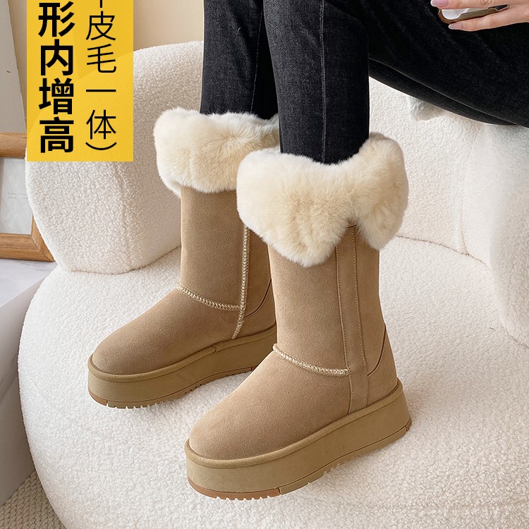回力瑞厚底雪地靴女内增高冬季新款皮毛一体加绒加厚棉鞋中筒棉靴