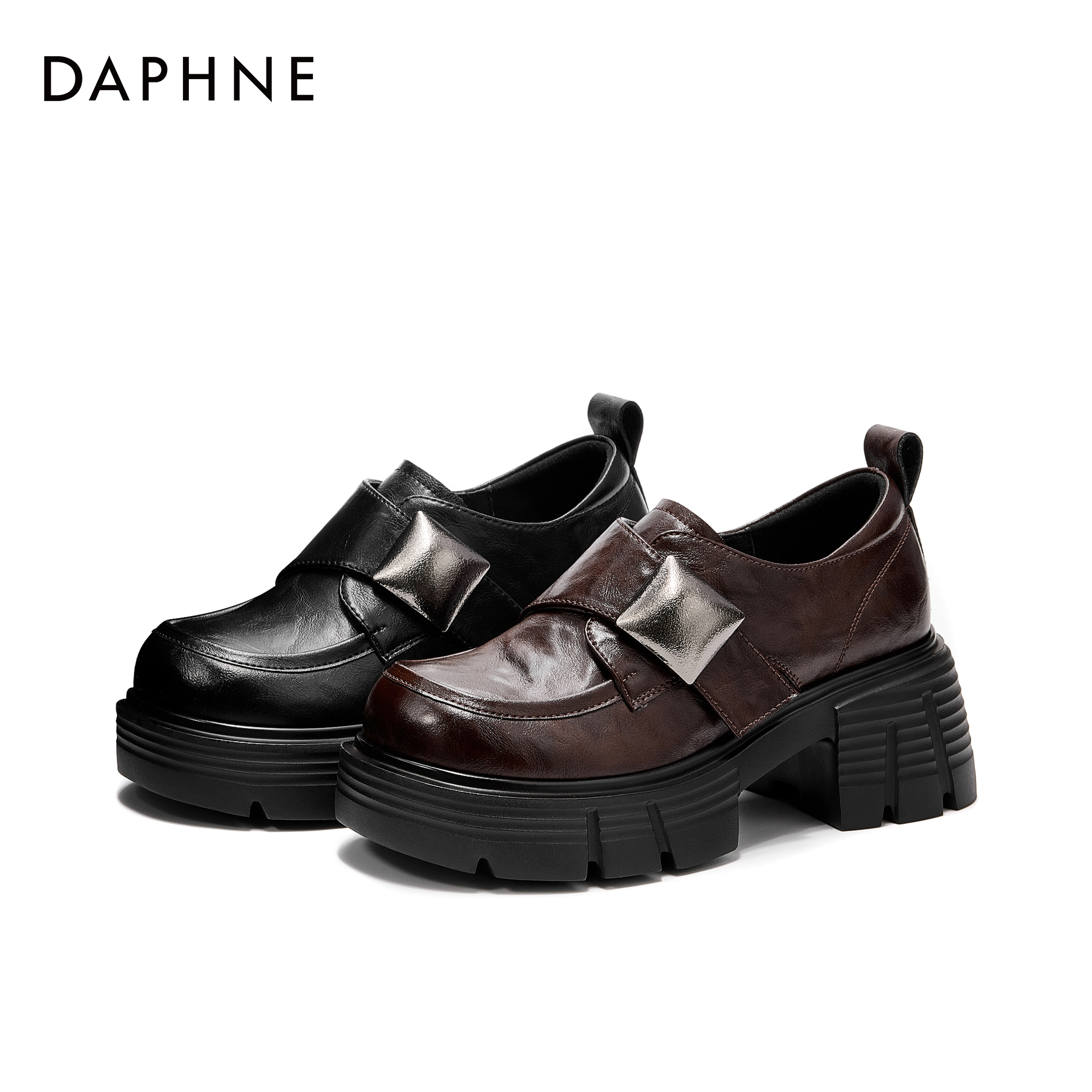 达芙妮女士秋季舒适潮流百搭复古英伦风圆头厚底粗跟时装乐福鞋