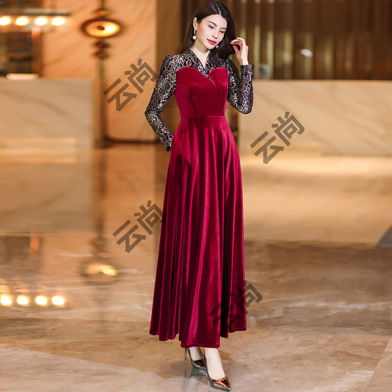 春秋酒红色撞色大摆连衣裙高级感修身显瘦气质喜婆婆礼服长裙1108