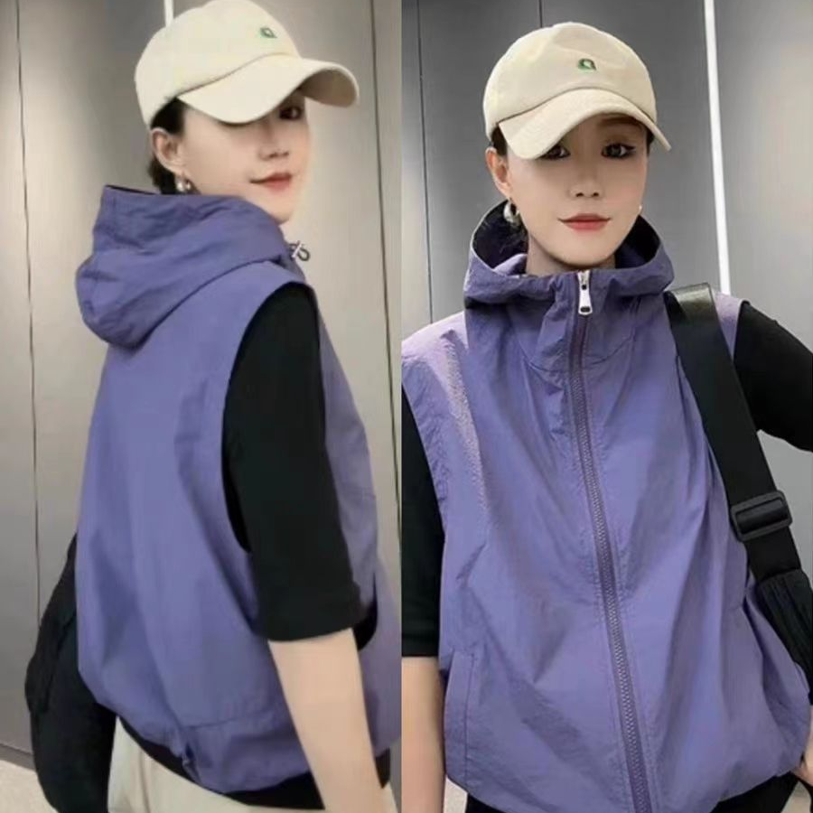 2025新款春秋薄款单层防晒服马甲女宽松外穿连帽透气马夹外套