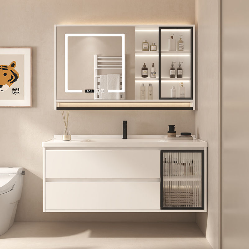 2024新款奶油风陶瓷一体盆浴室柜卫生间洗手洗脸盆柜组合智能镜柜