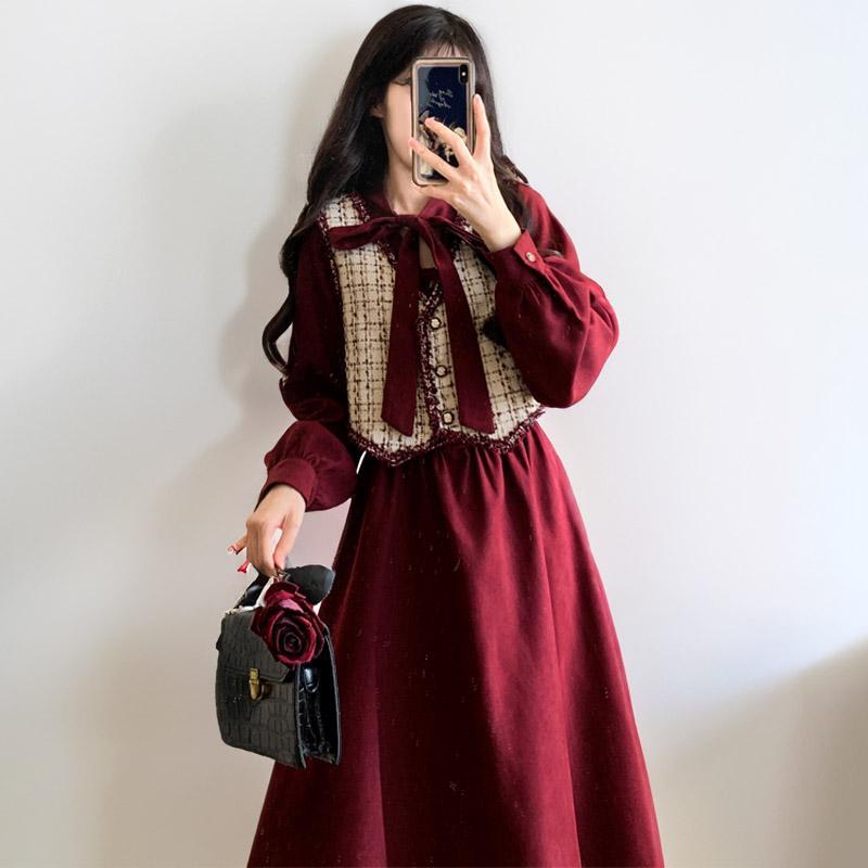 灯芯绒长裙小个子秋微胖洋气女装大码胖妹妹马甲红色连衣裙两件套