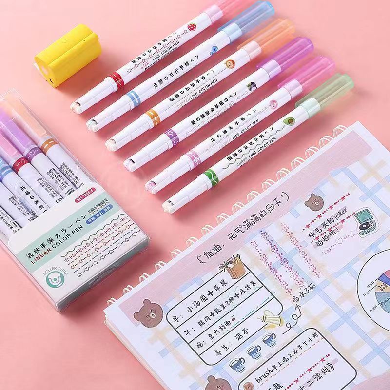 创意6色曲线笔花型轮廓笔diy手帐笔学生科学实验重点标记号笔6支