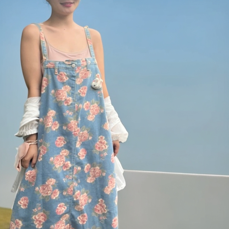日系连衣裙碎花显瘦牛仔时尚复古小清新减龄文艺印花百搭夏季
