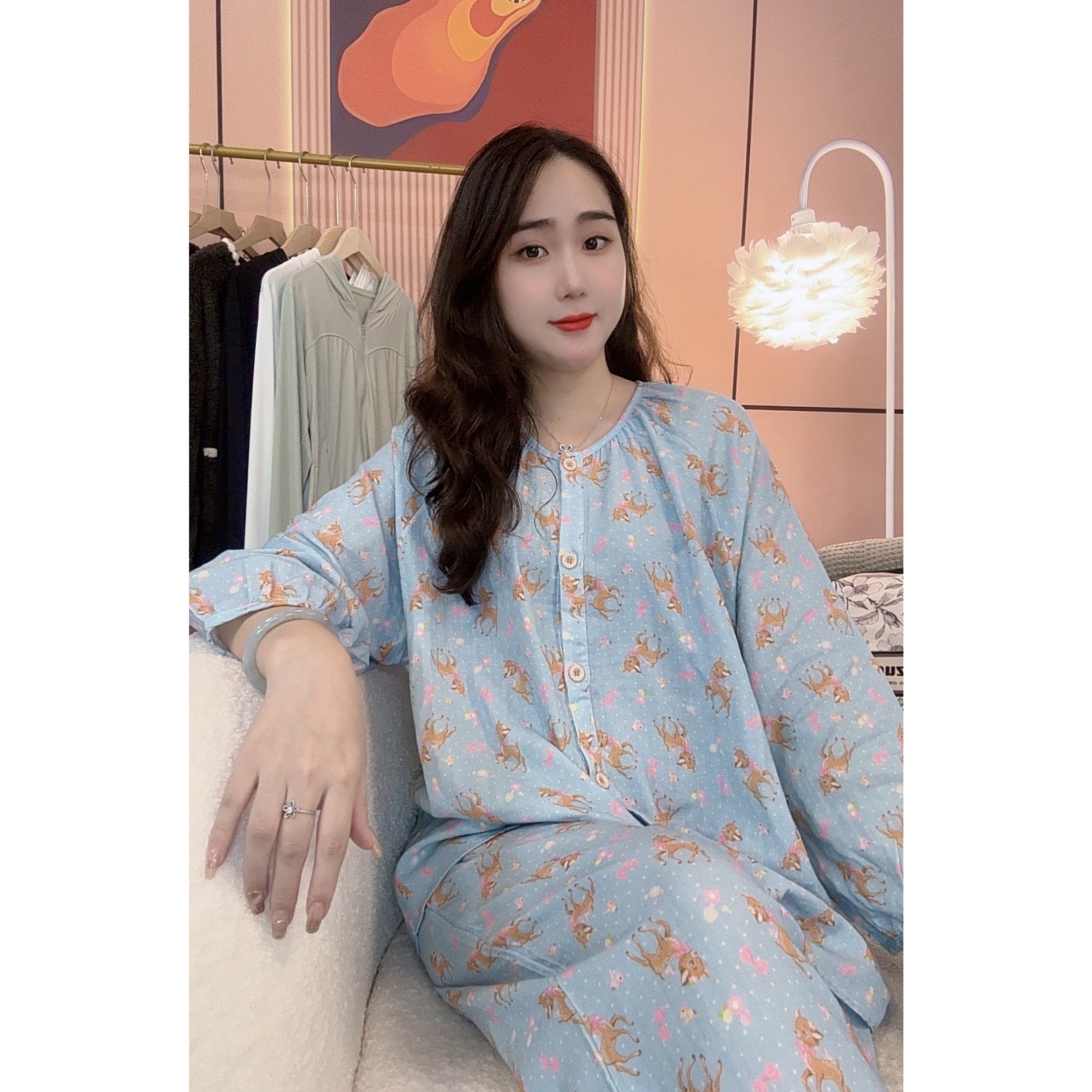 睡衣女冬季新款长袖纯棉韩版甜美卡通宽松家居服套装（小鹿斑比）