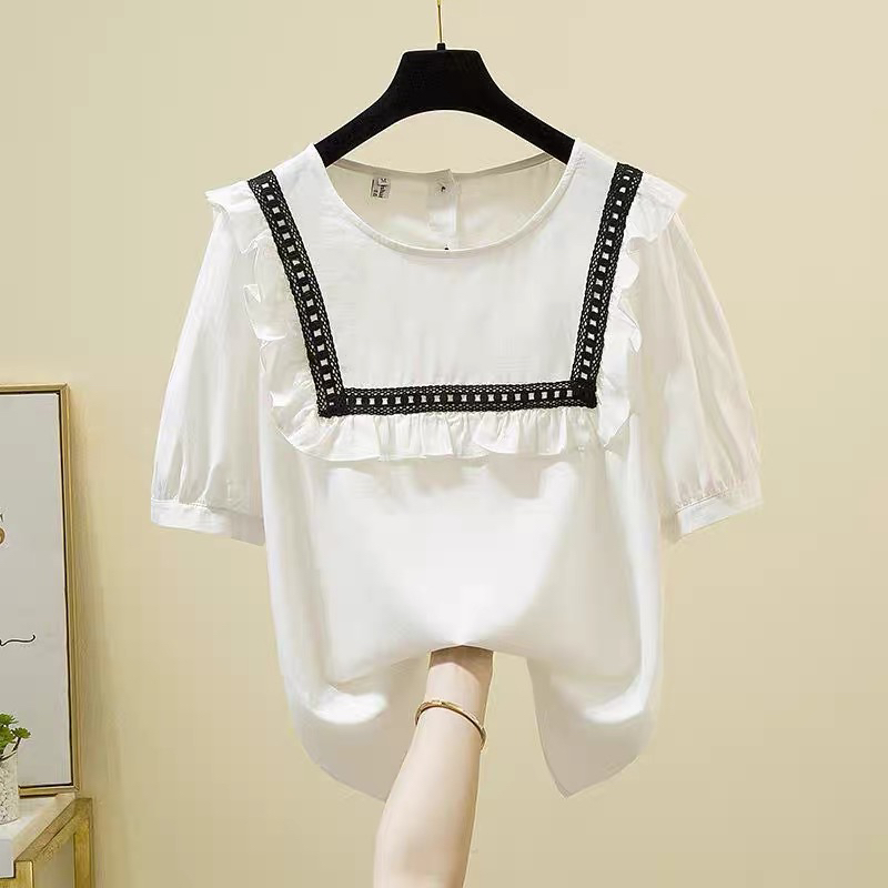 法式上衣显瘦夏季短袖娃娃衫圆领加肥加大码