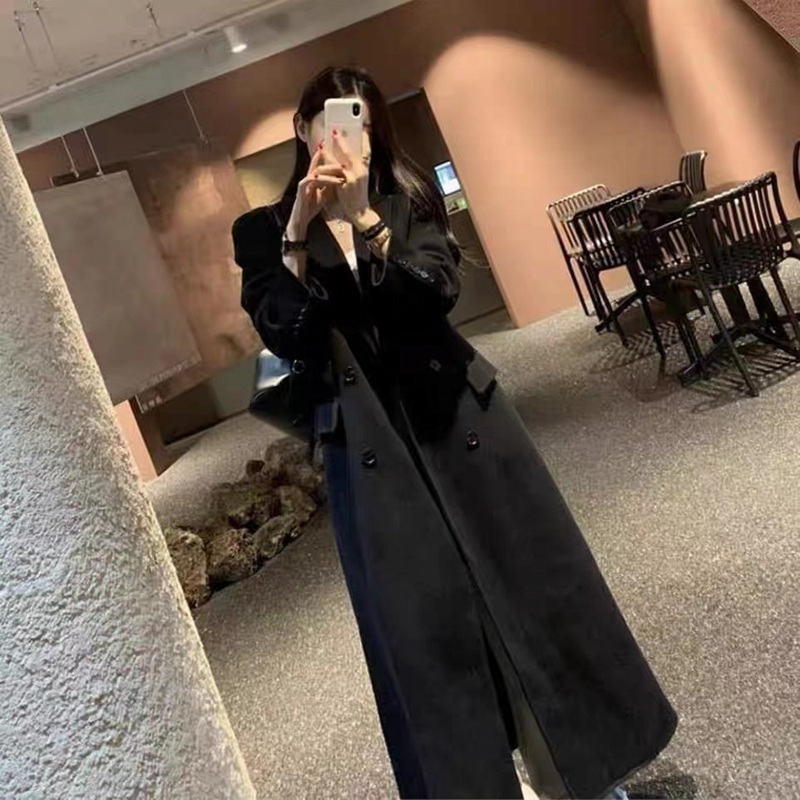 毛呢外套女加长款2025冬季爆款韩系高个子直筒正肩显瘦收腰呢大衣