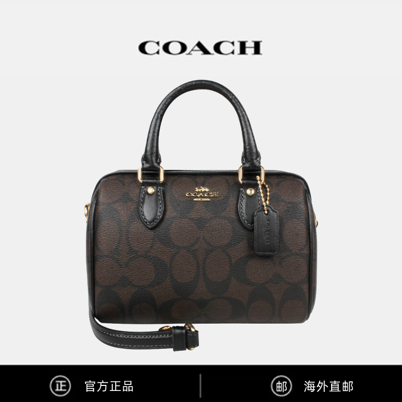 【跨境安心退】COACH蔻驰女士深棕色mini波士顿单肩斜挎手提包