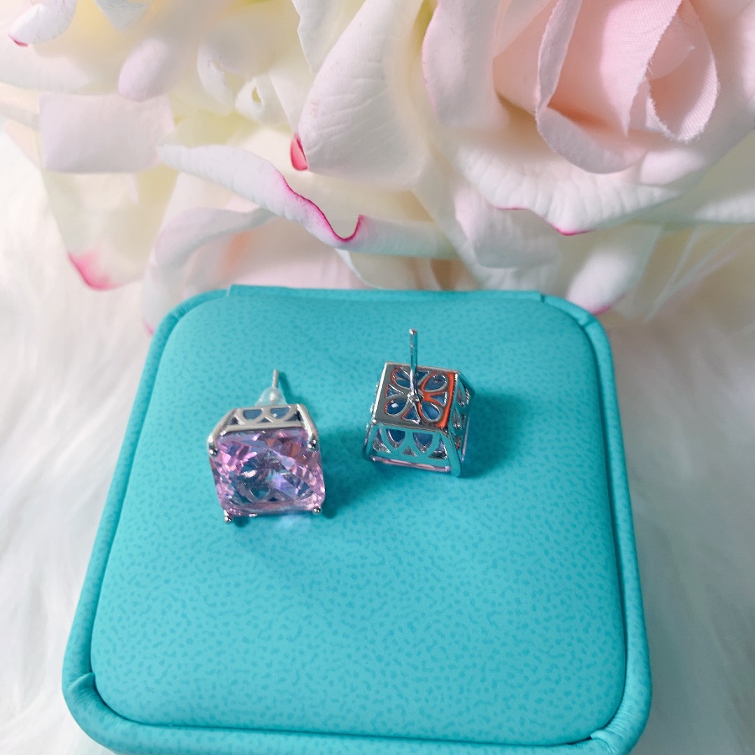 铜合金合成锆石耳饰 耳饰 新款日常粉色正方形耳饰耳钉-ZZ005
