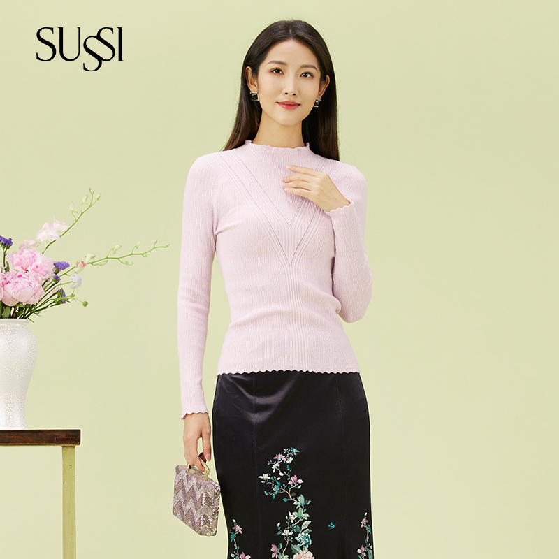 SUSSI/古色紫色简约修身小高领长袖毛衣女
