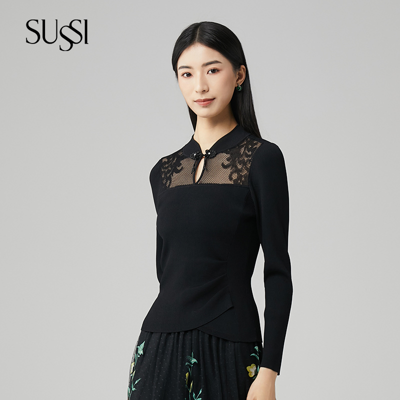 SUSSI/古色黑色新中式设计感镂空针织上衣女