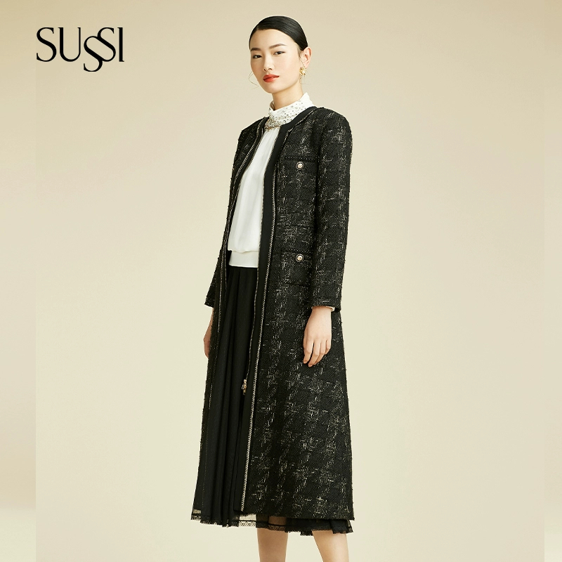 SUSSI/古色冬季新品商场同款黑色圆型领前中拉链长款大衣外套女