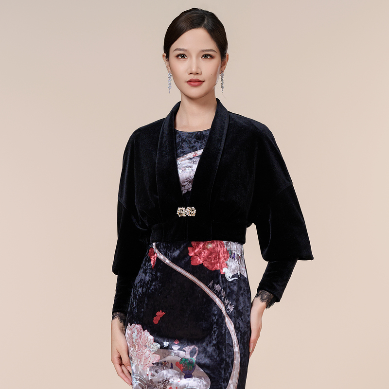 SUSSI/古色翻领灯笼长袖丝绒短款外套气质时尚黑色秋冬提花新中式