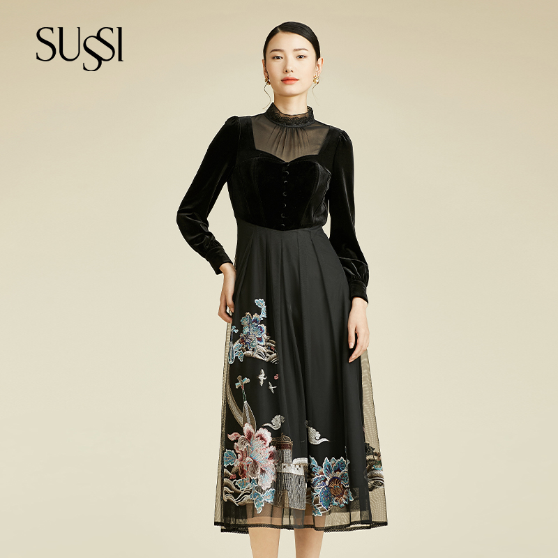 SUSSI/古色黑色网纱立领刺绣丝绒连衣裙女