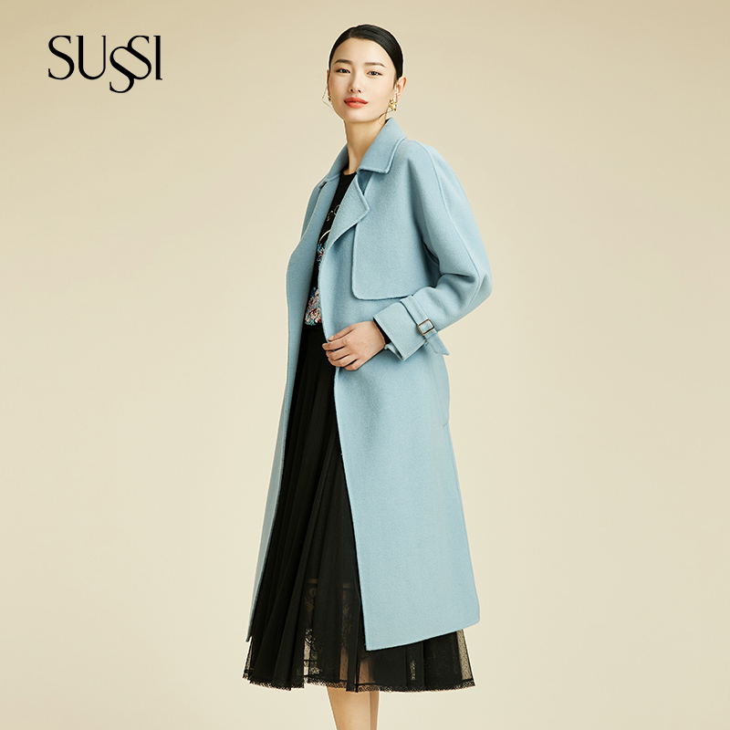 SUSSI/古色冬季新品商场同款蓝色反驳领双面呢系带长款大衣外套
