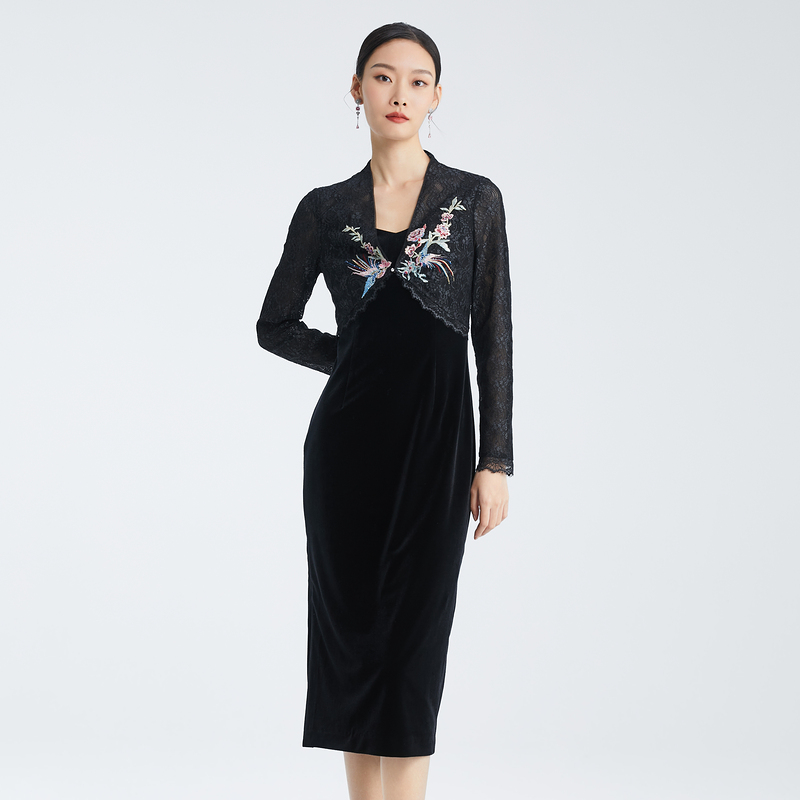 SUSSI/古色【凤凰于飞】黑色气质优雅假两件连衣裙女装