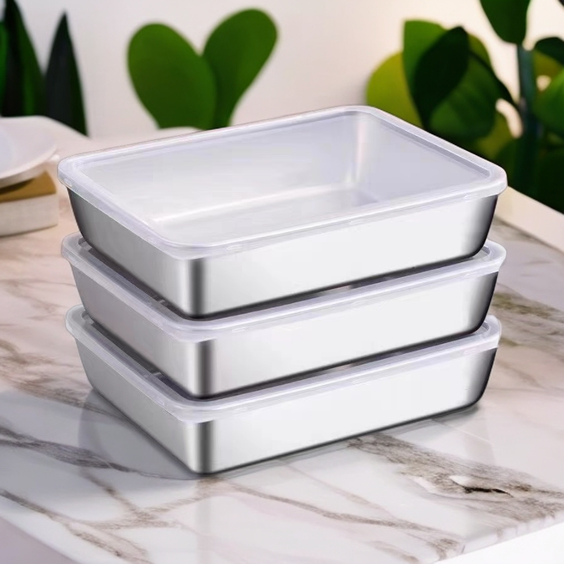 【两个盘子+两个盖子】不锈钢保鲜盒加厚方盘凉菜毛巾蒸盘长方形
