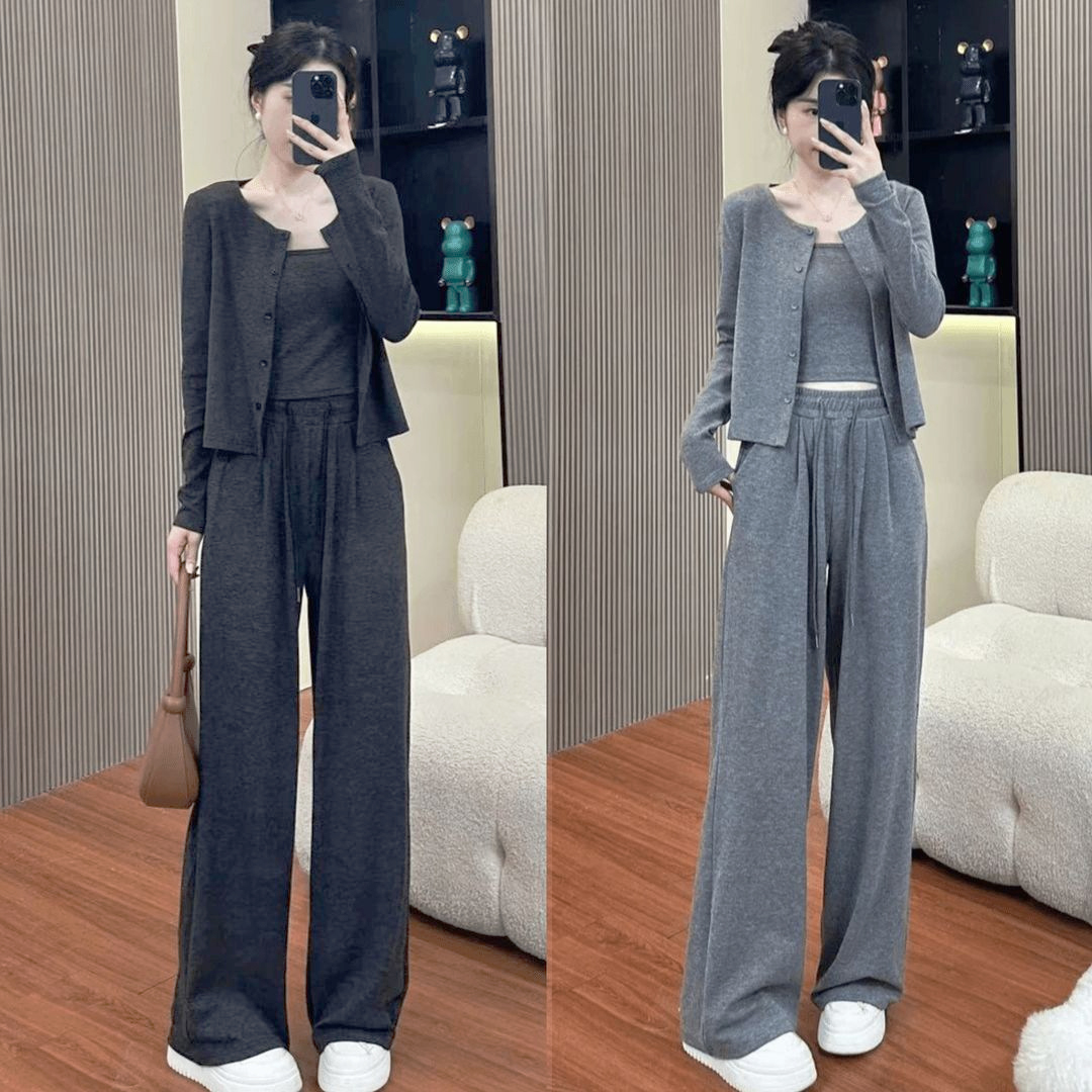 慵懒松弛感运动休闲套装女秋季新款宽松开衫吊带阔腿裤三件套装潮