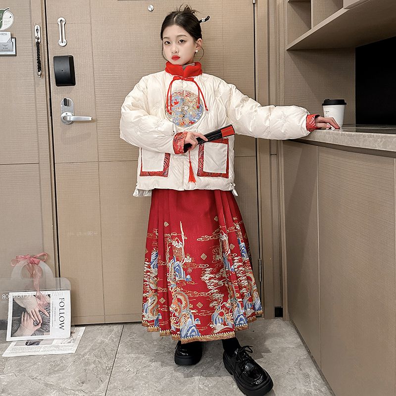 巴拉巴拉2023新款女童冬季羽绒服唐装汉服加厚保暖马面裙中国风红