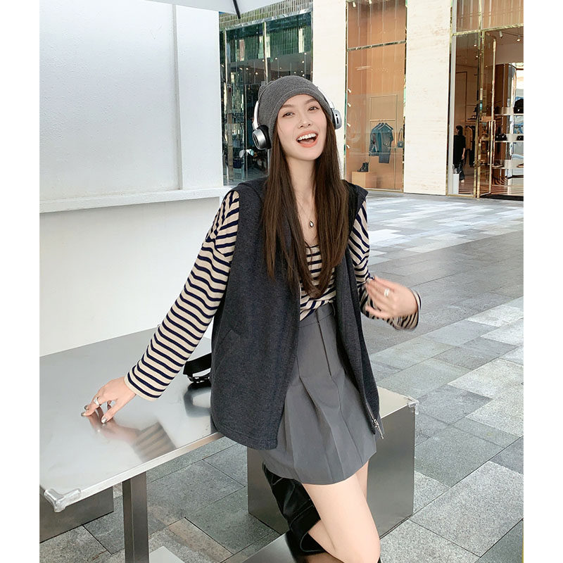美洋MEIYANG 灰度唱片马甲 休闲宽松连帽针织马夹上衣