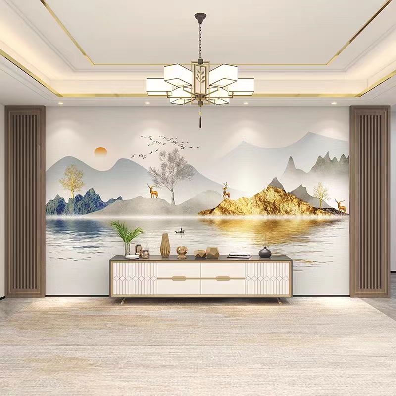 定制立体感壁纸新中式水墨山水立体感电视背景墙壁画客厅沙发墙布