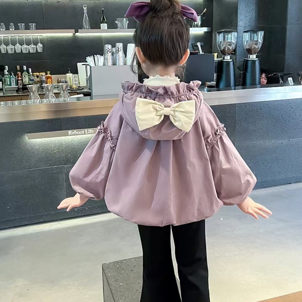 女童春秋装外套2025新款儿童韩版防风冲锋衣蝴蝶结上衣