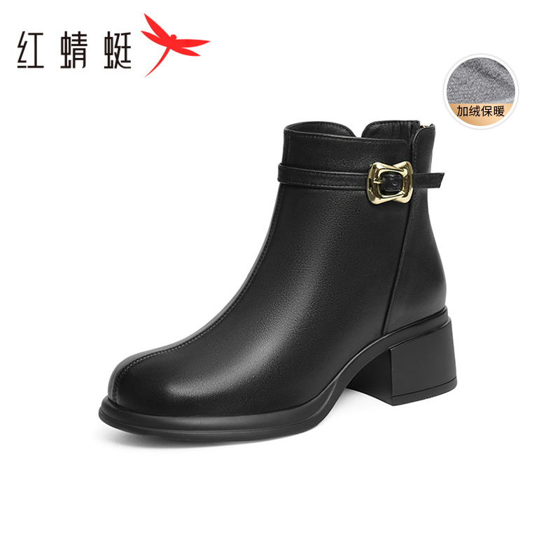红蜻蜓真皮短靴女皮鞋2024冬季新款加绒女靴棉鞋高跟中年妈妈靴子
