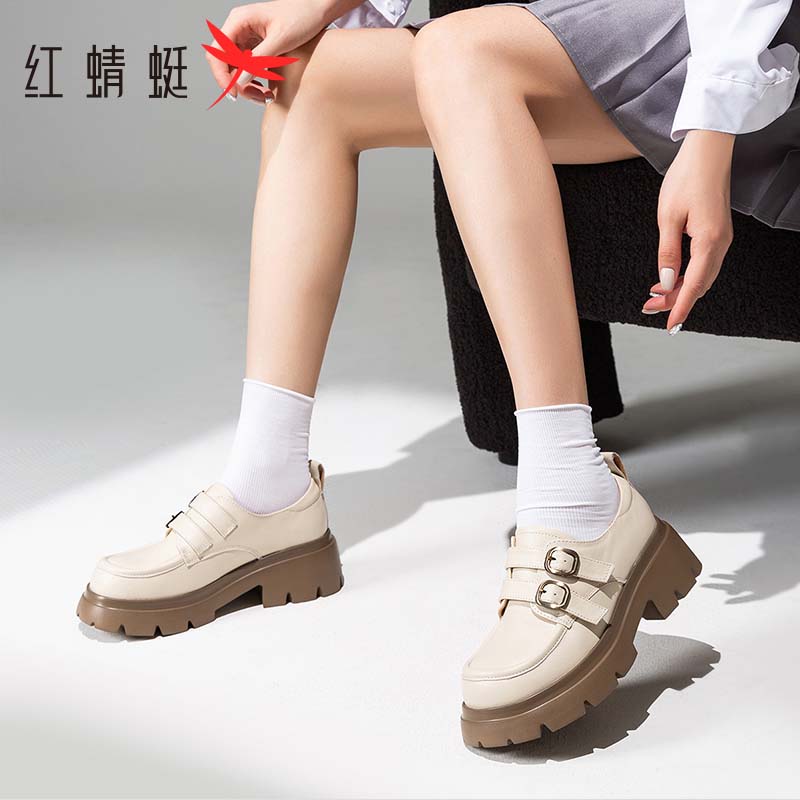 红蜻蜓真皮圆头乐福鞋尤莱特秋季新款女鞋深口单鞋英伦粗跟小皮鞋