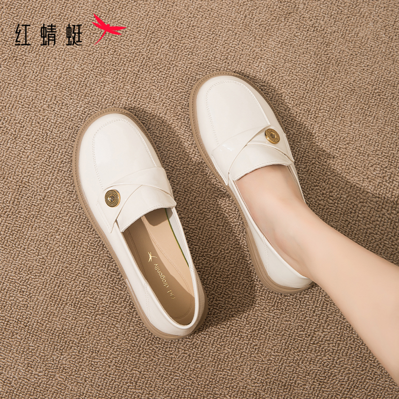 红蜻蜓乐福鞋女2024秋季新款一脚蹬女鞋舒适软底白色英伦风小皮鞋