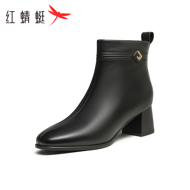 红蜻蜓真皮高跟短靴女2024秋冬新款女靴中年女士皮鞋保暖妈妈靴子
