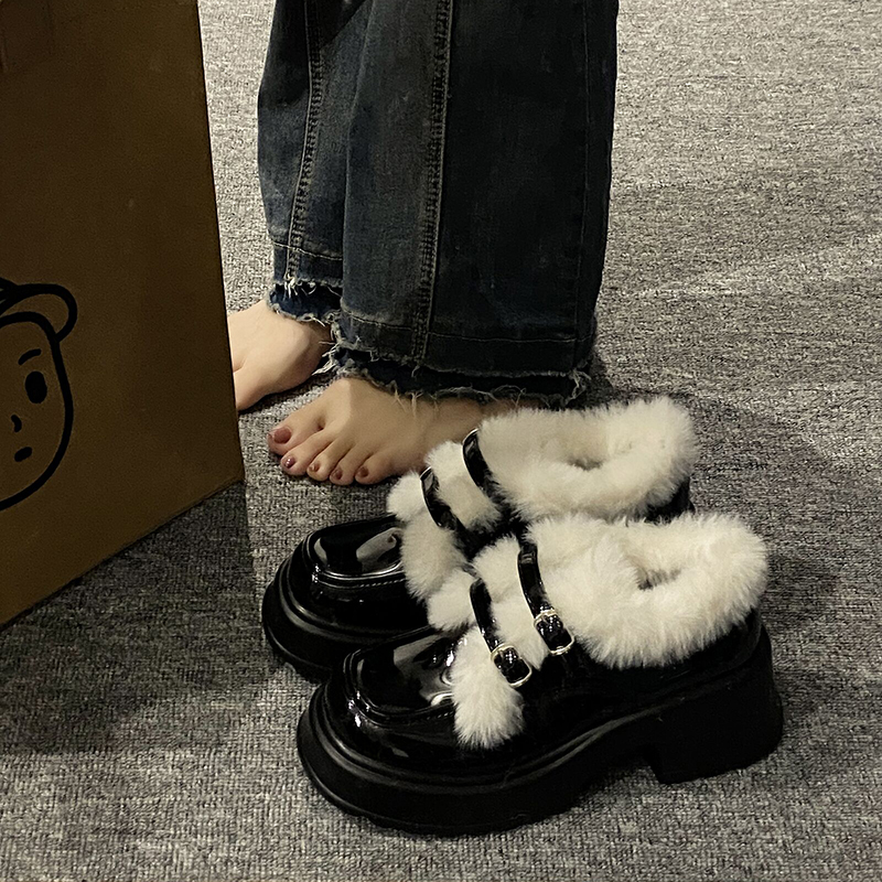 黑色小皮鞋女冬季加绒保暖法式高跟玛丽珍鞋粗跟厚底乐福鞋毛毛鞋