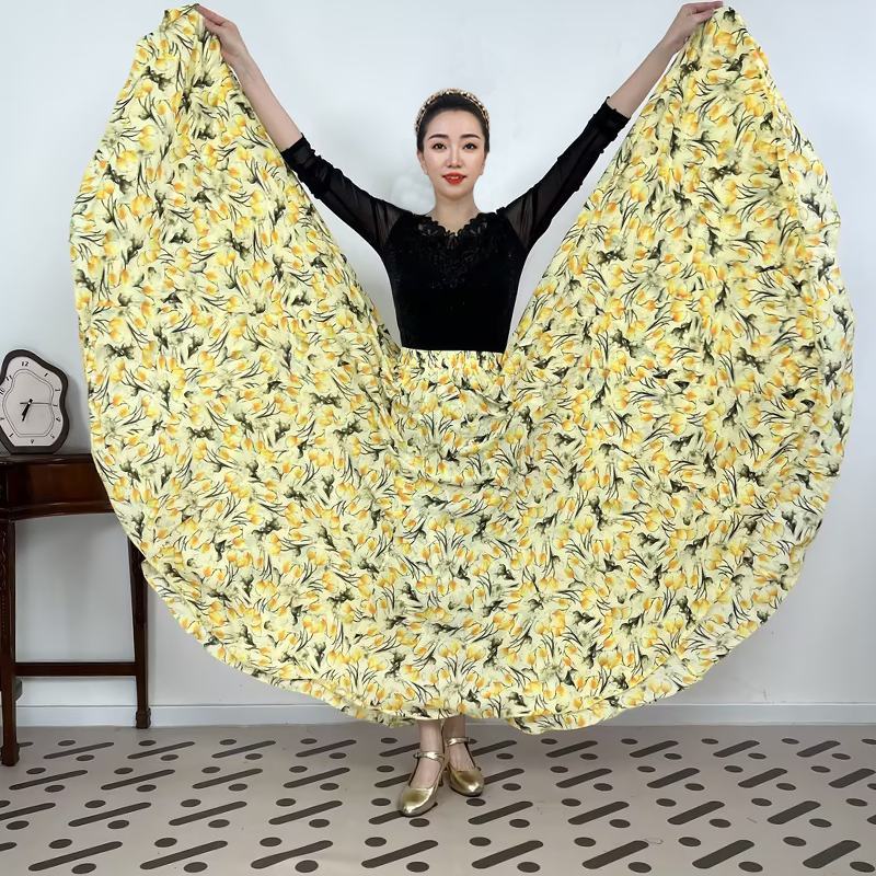 《报春系列》绉花丝3D膨染时尚满铺印花全松紧腰大摆半身裙带衬裙