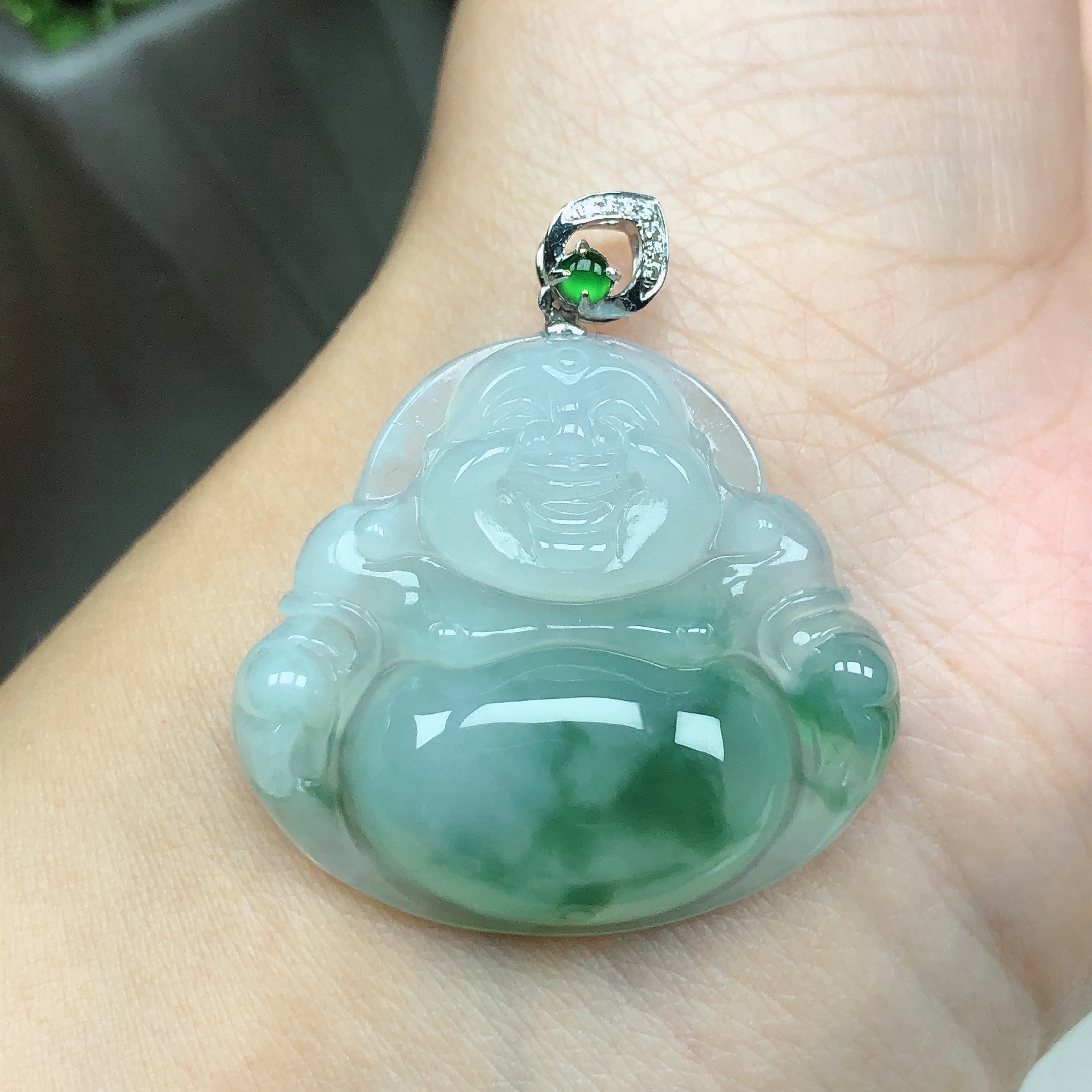 天然缅甸A货翡翠老坑冰润起胶18K金镶嵌冰飘花大肚笑佛佛公吊坠