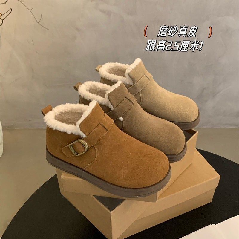 真皮雪地靴女2023新款冬季复古短靴女厚平底加绒保暖丑萌勃肯棉鞋