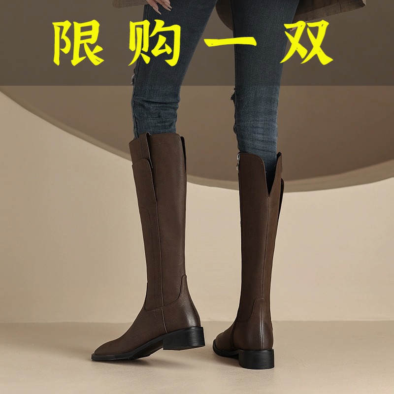 夏小天夏小天沿荐真皮粗跟骑士长靴过膝长筒女鞋2023秋冬季复古鞋