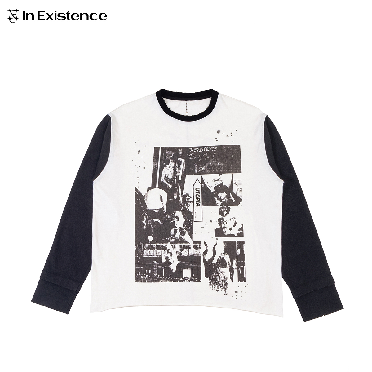 IN EXISTENCE存世24FW「UTOPIA」华夫格拼接单缝线印花破坏长袖T
