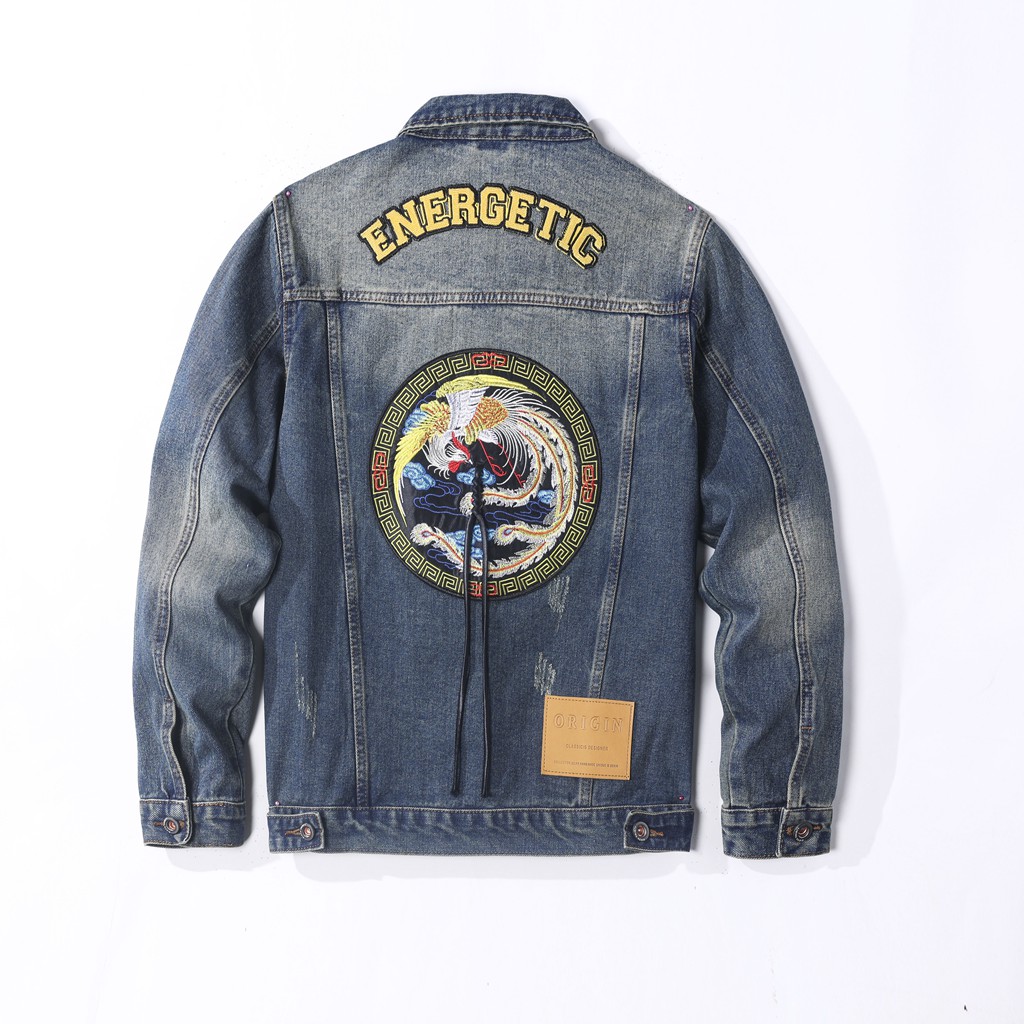 【SLS男装】国潮刺绣凤凰牛仔外套重工洗水夹克牛仔上衣男潮牌JK558