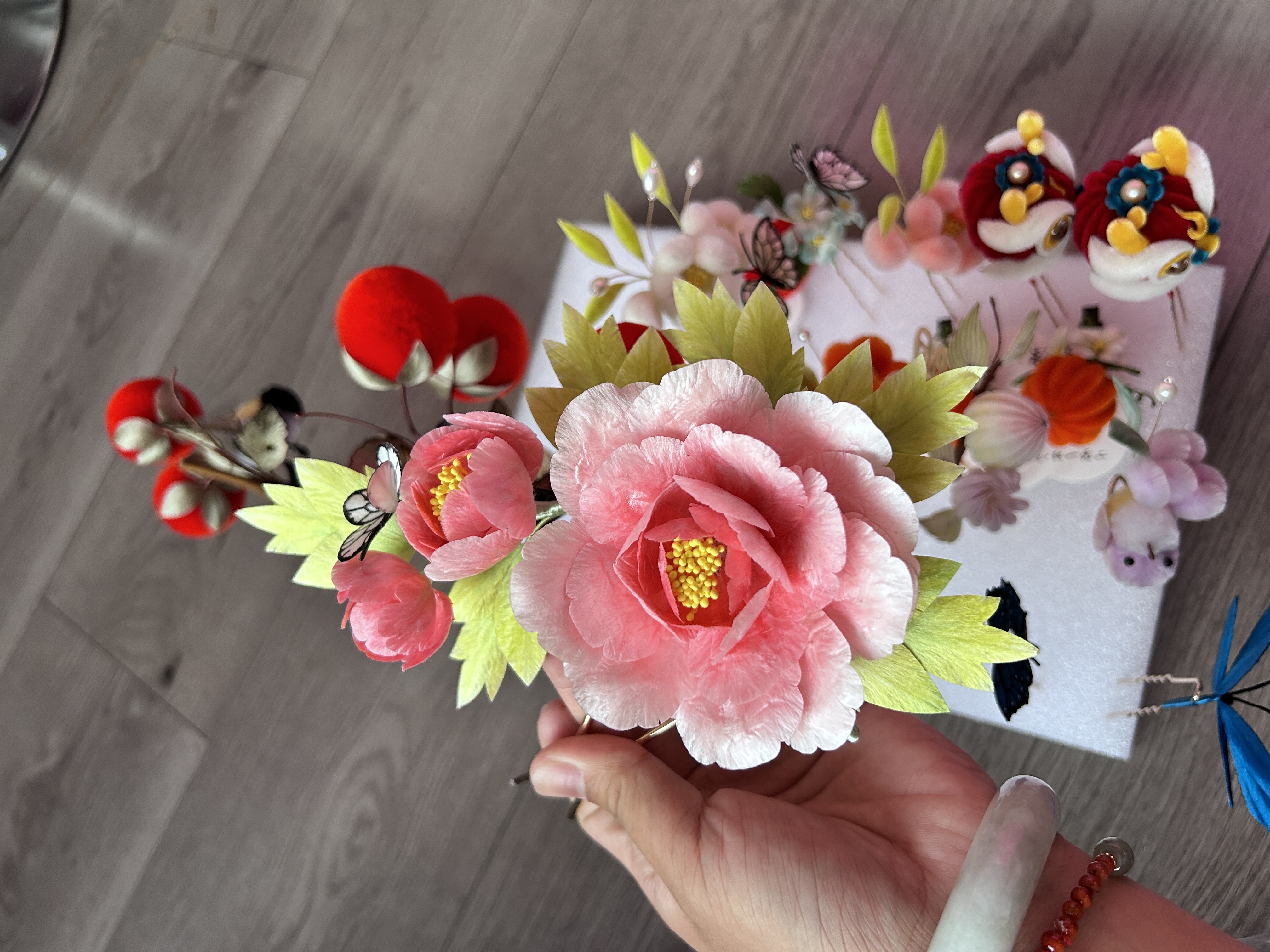 原创手工非遗绒花蚕丝牡丹花桃花发簪古风汉服旗袍复古新娘头饰