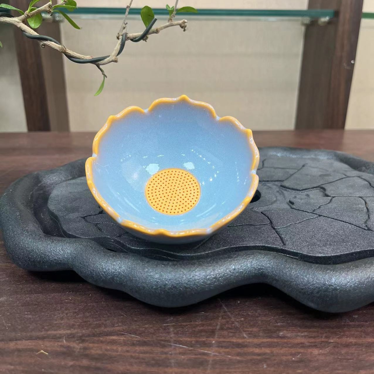 原矿汝瓷古韵秋霞莲花茶漏2件套瓷胎一体